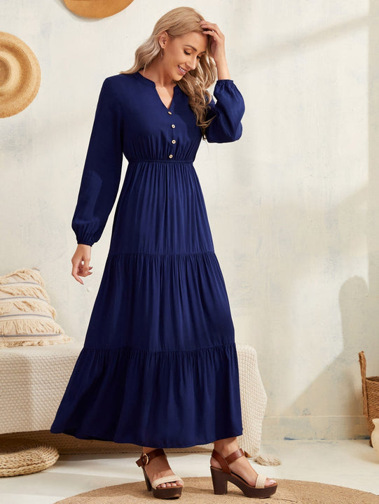 EMERY ROSE Vestido de cuello notch de manga farol bajo con fruncido