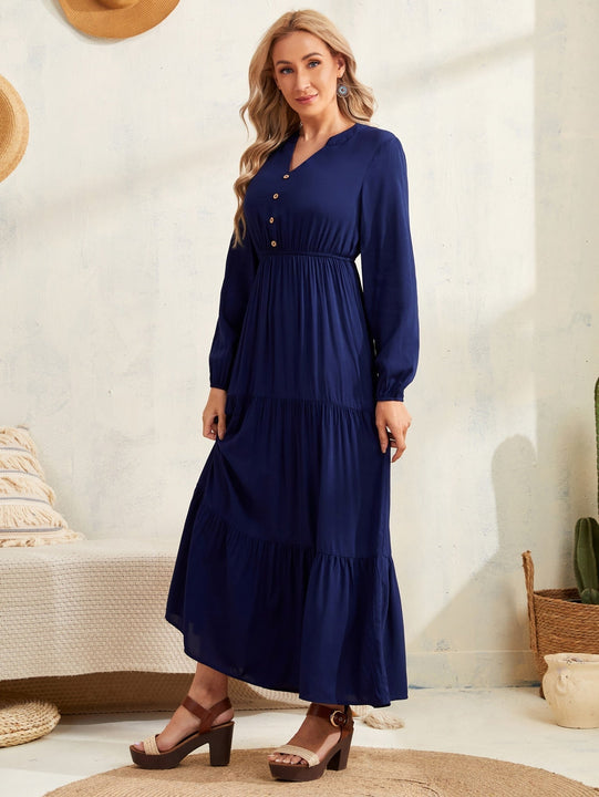 EMERY ROSE Vestido de cuello notch de manga farol bajo con fruncido