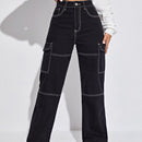 Jeans de talle alto con bolsillo con solapa puntada