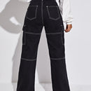 Jeans de talle alto con bolsillo con solapa puntada