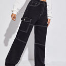 Jeans de talle alto con bolsillo con solapa puntada