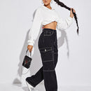 Jeans de talle alto con bolsillo con solapa puntada