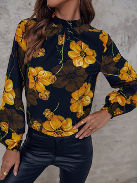 VCAY Blusa con estampado floral de cuello alto