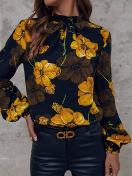 VCAY Blusa con estampado floral de cuello alto