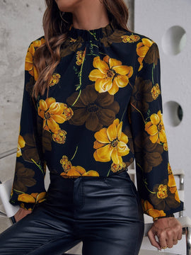 VCAY Blusa con estampado floral de cuello alto