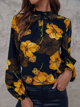 VCAY Blusa con estampado floral de cuello alto