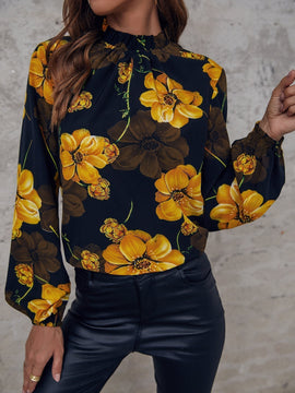VCAY Blusa con estampado floral de cuello alto