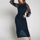 SXY Vestido de cuello alto de malla en contraste de manga farol bajo con abertura