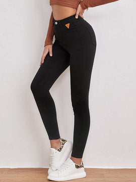 EZwear Pantalones ajustados de alta cintura para mujer, con detalles de parche en color liso, para primavera y verano