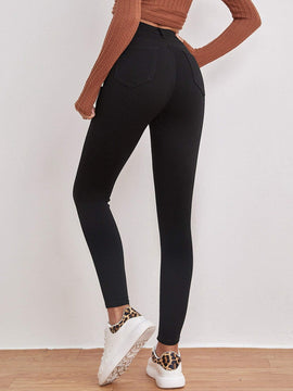 EZwear Pantalones ajustados de alta cintura para mujer, con detalles de parche en color liso, para primavera y verano