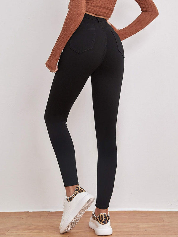EZwear Pantalones ajustados de alta cintura para mujer, con detalles de parche en color liso, para primavera y verano