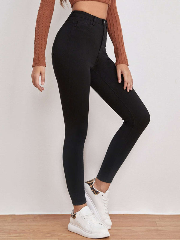 EZwear Pantalones ajustados de alta cintura para mujer, con detalles de parche en color liso, para primavera y verano