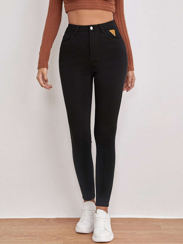 EZwear Pantalones ajustados de alta cintura para mujer, con detalles de parche en color liso, para primavera y verano