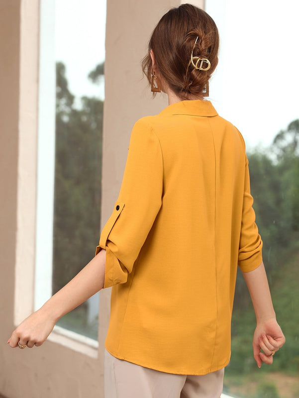 Mulvari Blusa de manga enrollable unicolor