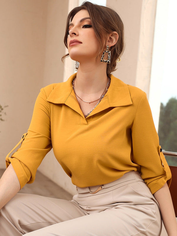 Mulvari Blusa de manga enrollable unicolor