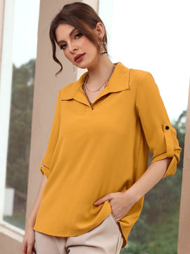 Mulvari Blusa de manga enrollable unicolor