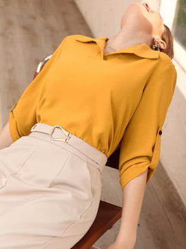 Mulvari Blusa de manga enrollable unicolor