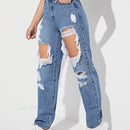 Jeans de pierna recta de talle alto rotos