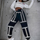 EZwear Pantalones cargo casuales deportivos para mujer con parche reflectante y rayas, ideales para festivales de musica