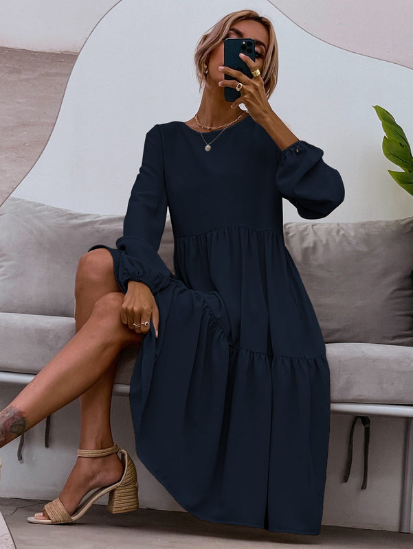 VCAY Vestido smock de manga farol de espalda con abertura de ojo