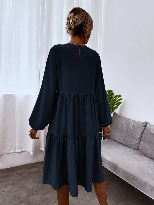 VCAY Vestido smock de manga farol de espalda con abertura de ojo