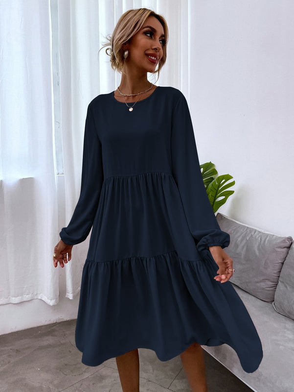 VCAY Vestido smock de manga farol de espalda con abertura de ojo