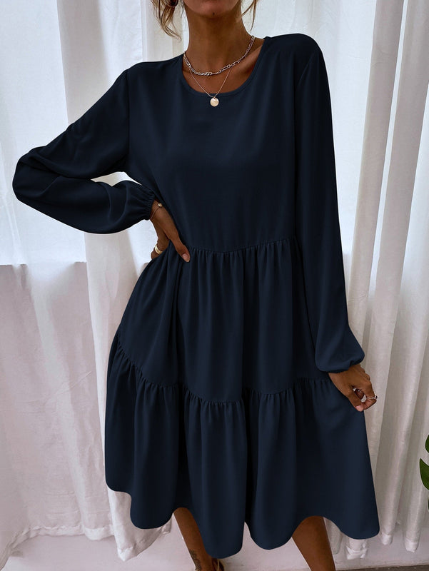 VCAY Vestido smock de manga farol de espalda con abertura de ojo