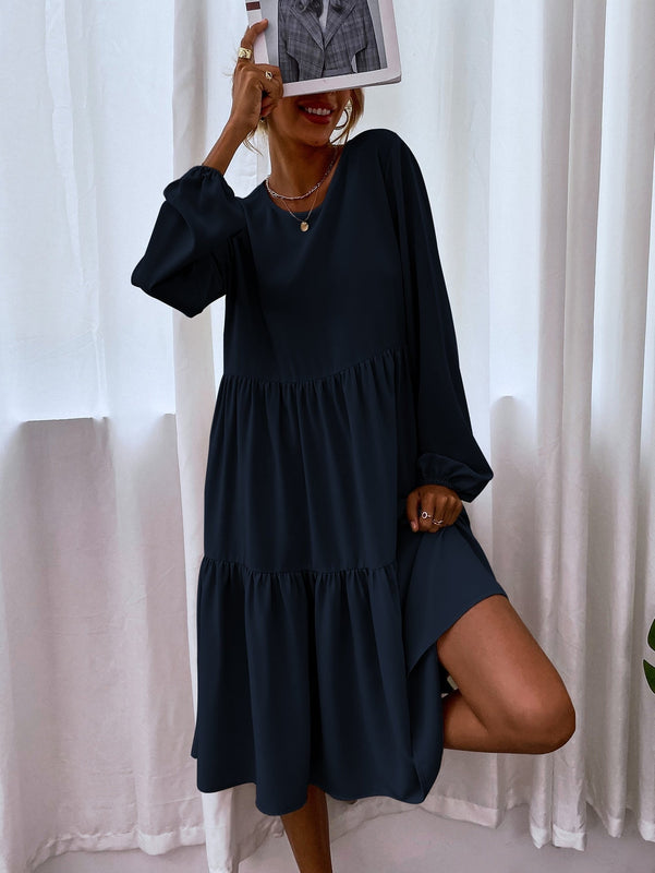 VCAY Vestido smock de manga farol de espalda con abertura de ojo