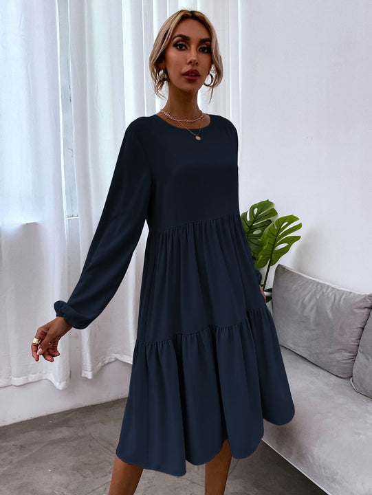 VCAY Vestido smock de manga farol de espalda con abertura de ojo