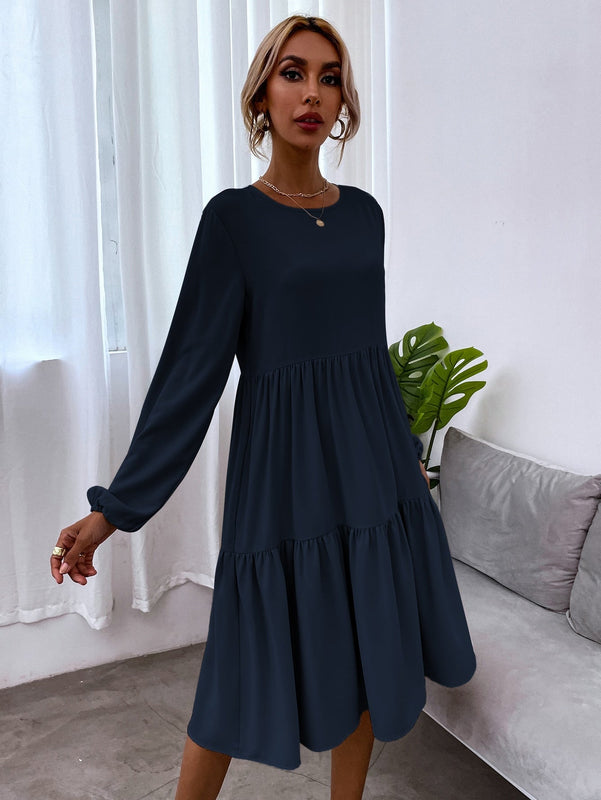 VCAY Vestido smock de manga farol de espalda con abertura de ojo