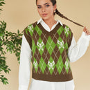 EZwear Chaleco de punto con mariposa & con patron de rombo de cuello V