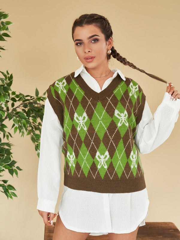 EZwear Chaleco de punto con mariposa & con patron de rombo de cuello V