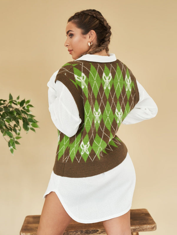 EZwear Chaleco de punto con mariposa & con patron de rombo de cuello V