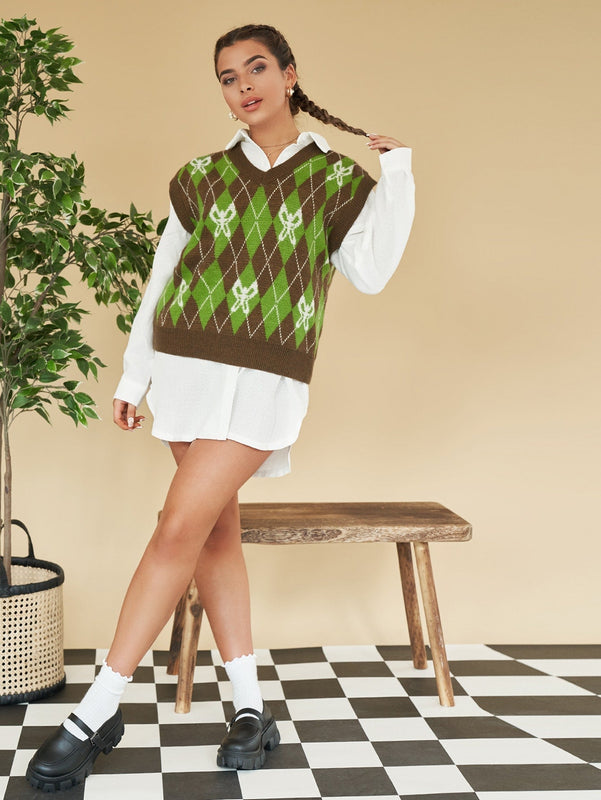 EZwear Chaleco de punto con mariposa & con patron de rombo de cuello V
