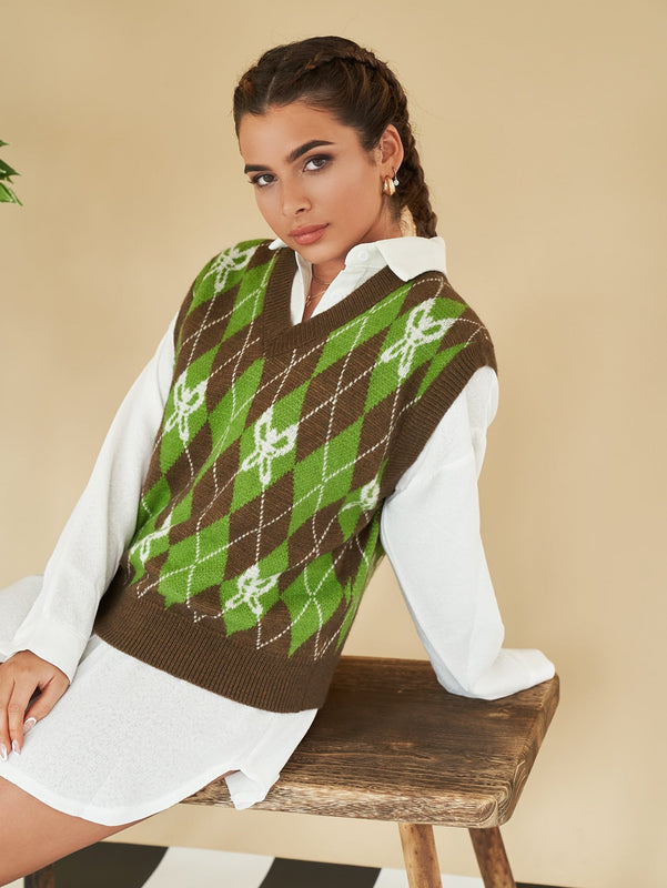 EZwear Chaleco de punto con mariposa & con patron de rombo de cuello V