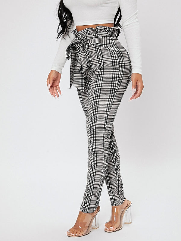 PETITE Pantalones con estampado de cuadros de cintura con volante con nudo delantero