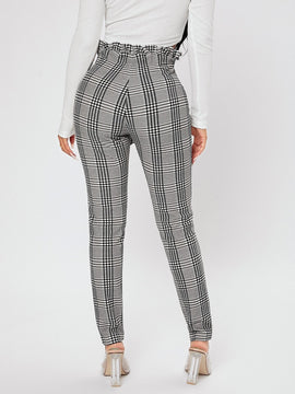 PETITE Pantalones con estampado de cuadros de cintura con volante con nudo delantero