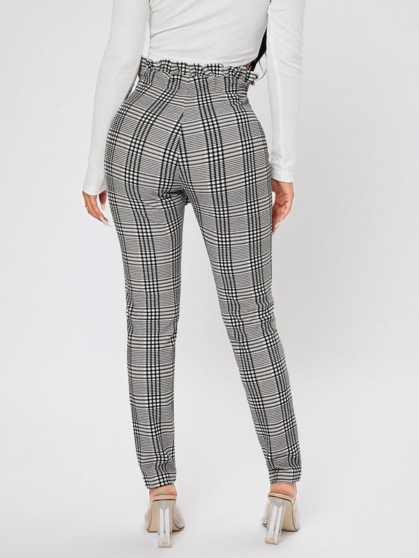 PETITE Pantalones con estampado de cuadros de cintura con volante con nudo delantero