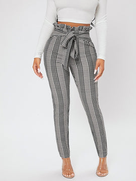 PETITE Pantalones con estampado de cuadros de cintura con volante con nudo delantero