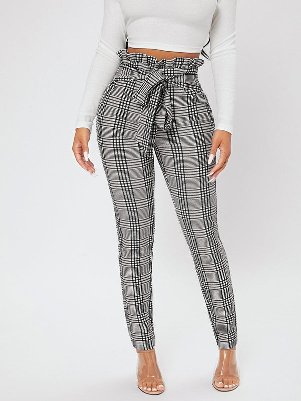 PETITE Pantalones con estampado de cuadros de cintura con volante con nudo delantero