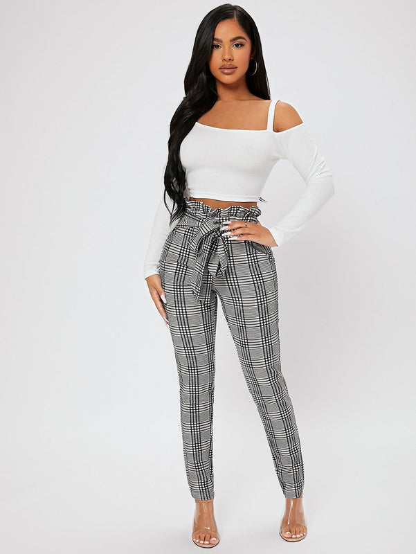 PETITE Pantalones con estampado de cuadros de cintura con volante con nudo delantero