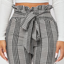 PETITE Pantalones con estampado de cuadros de cintura con volante con nudo delantero