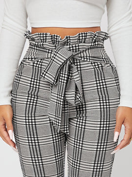 PETITE Pantalones con estampado de cuadros de cintura con volante con nudo delantero
