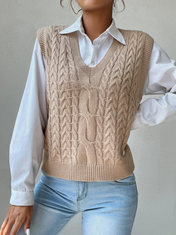 EZwear Chaleco de punto de cuello V tejido de cable