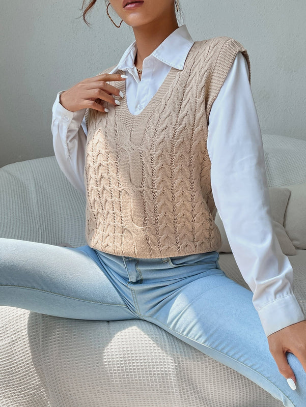 EZwear Chaleco de punto de cuello V tejido de cable