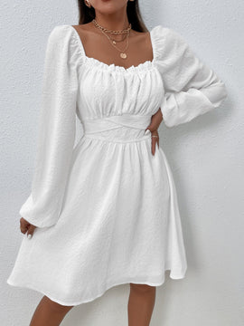 Frenchy Vestido ribete fruncido pecho con fruncido de manga farol con cordon trasero