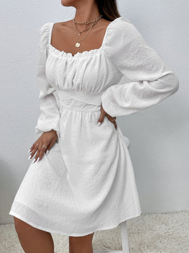 Frenchy Vestido ribete fruncido pecho con fruncido de manga farol con cordon trasero