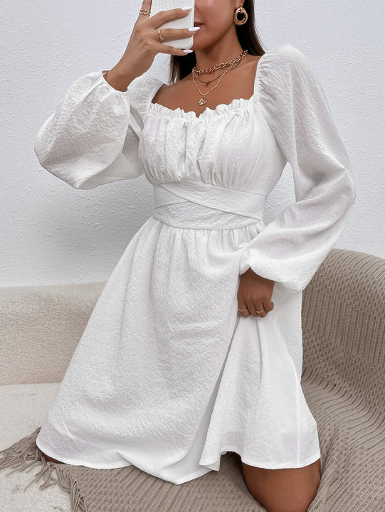 Frenchy Vestido ribete fruncido pecho con fruncido de manga farol con cordon trasero