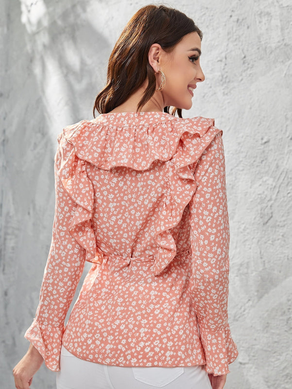 Camisa cruzada con estampado floral ribete con fruncido de manga con volante con nudo lateral
