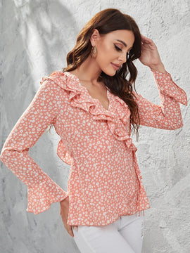 Camisa cruzada con estampado floral ribete con fruncido de manga con volante con nudo lateral